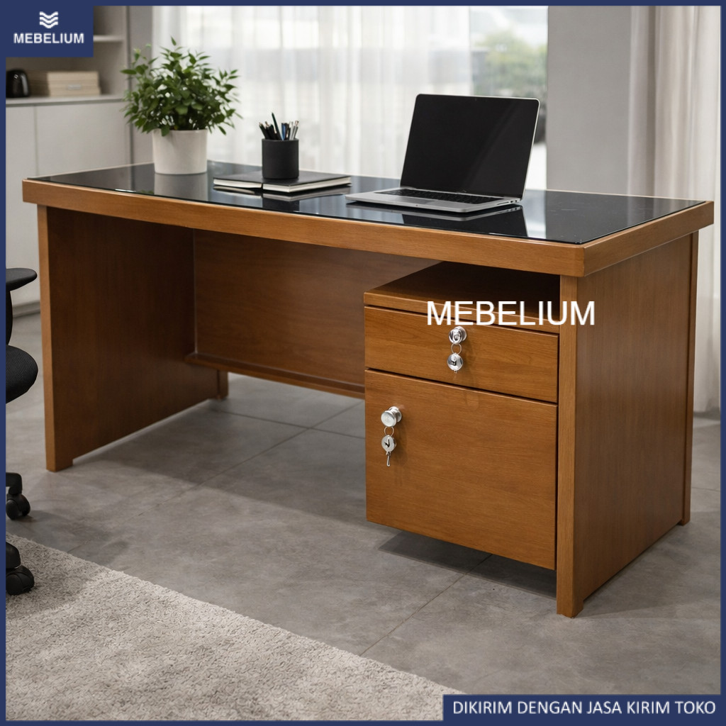 Meja Kantor Kayu Solid Minimalis | Meja Kerja Komputer Laci Kunci | Meja Tulis Kantor