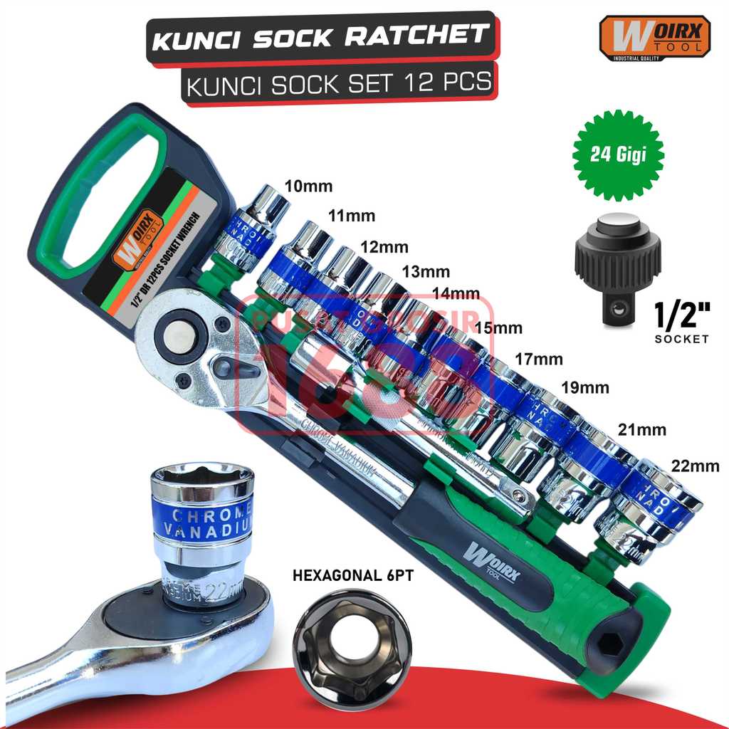 Kunci Sock Set 1/2" inch 12pcs Kunci Sok Shock Socket Wrench 12 pcs