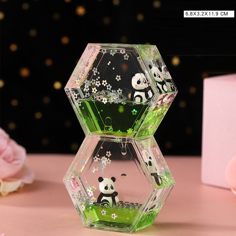 PANORAMA Jam Pasir Minyak Oil PANDA HIJAU Bubble Drip HourGlass Dekorasi Dudukan HP Air Cair