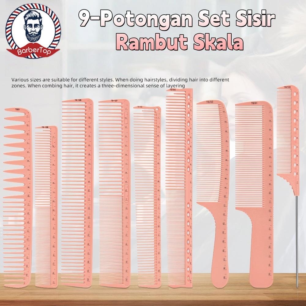 9PCS Set Desain berongga gigi padat sisir rambut salon rambut kepala datar mendorong memotong alat m