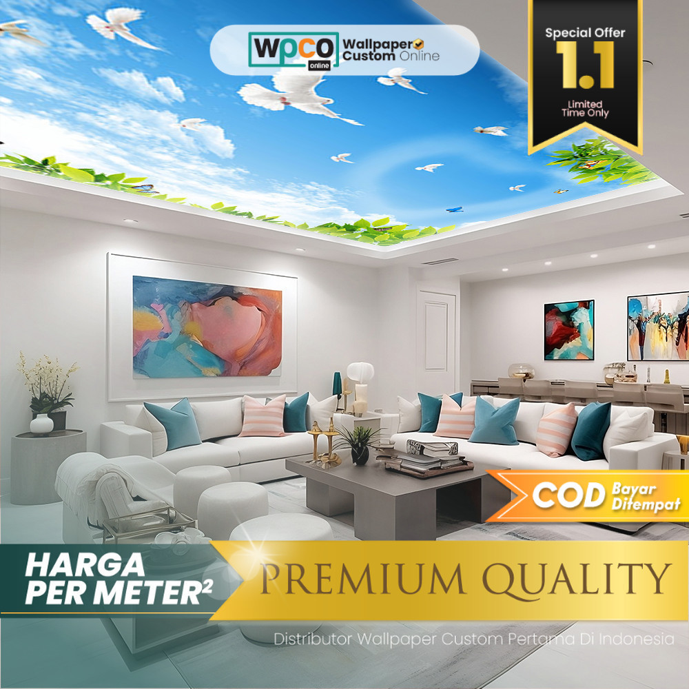 Wallpaper Plafon Ruang Tamu Motif Nature Gambar Langit Awan dan Burung Premium