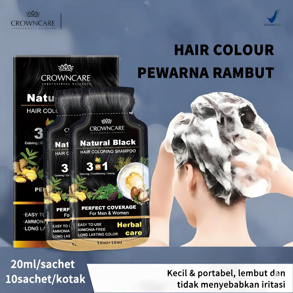 PROMO CrownCare Hair Coloring Shampoo 20ml/Shampo Pewarna Rambut Praktis & Alami