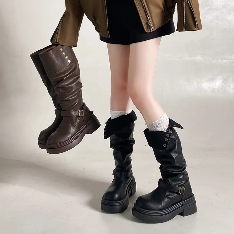 Women's versatile fashion knight boots, long stacked boots, thick-soled high boots