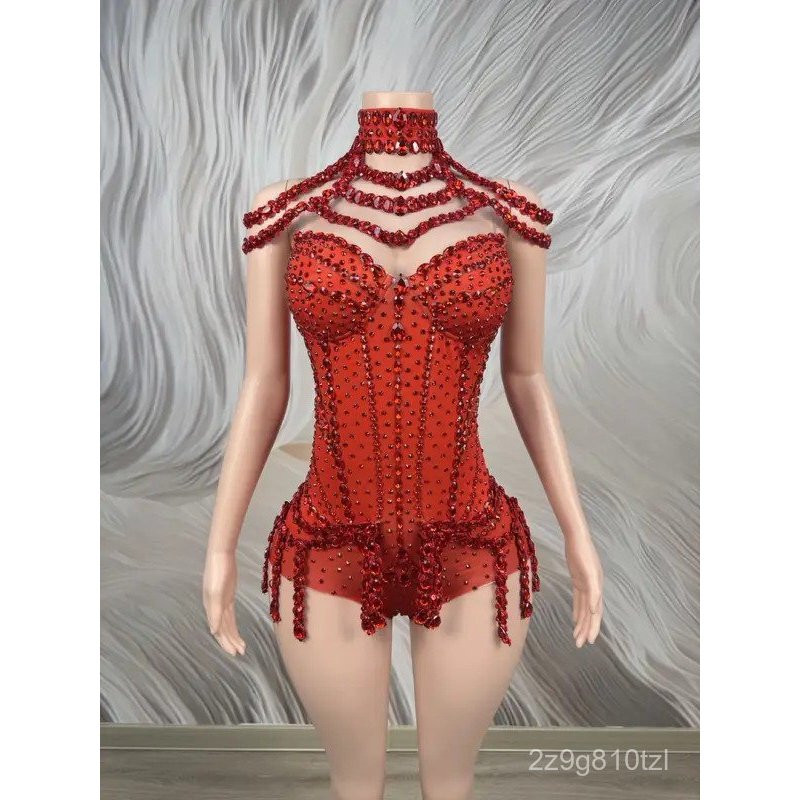Women Sparkly Diamond Tassel Red Bodysuits Sexy Nightclub Evening Party Stage Costume Singer Dancer 