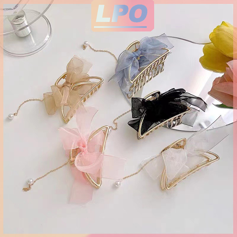 Lpink Official Jepit Rambut Wanita H727 - Hair Claw Clip / Jedai Logam dengan Pita & Aksen Mutiara G