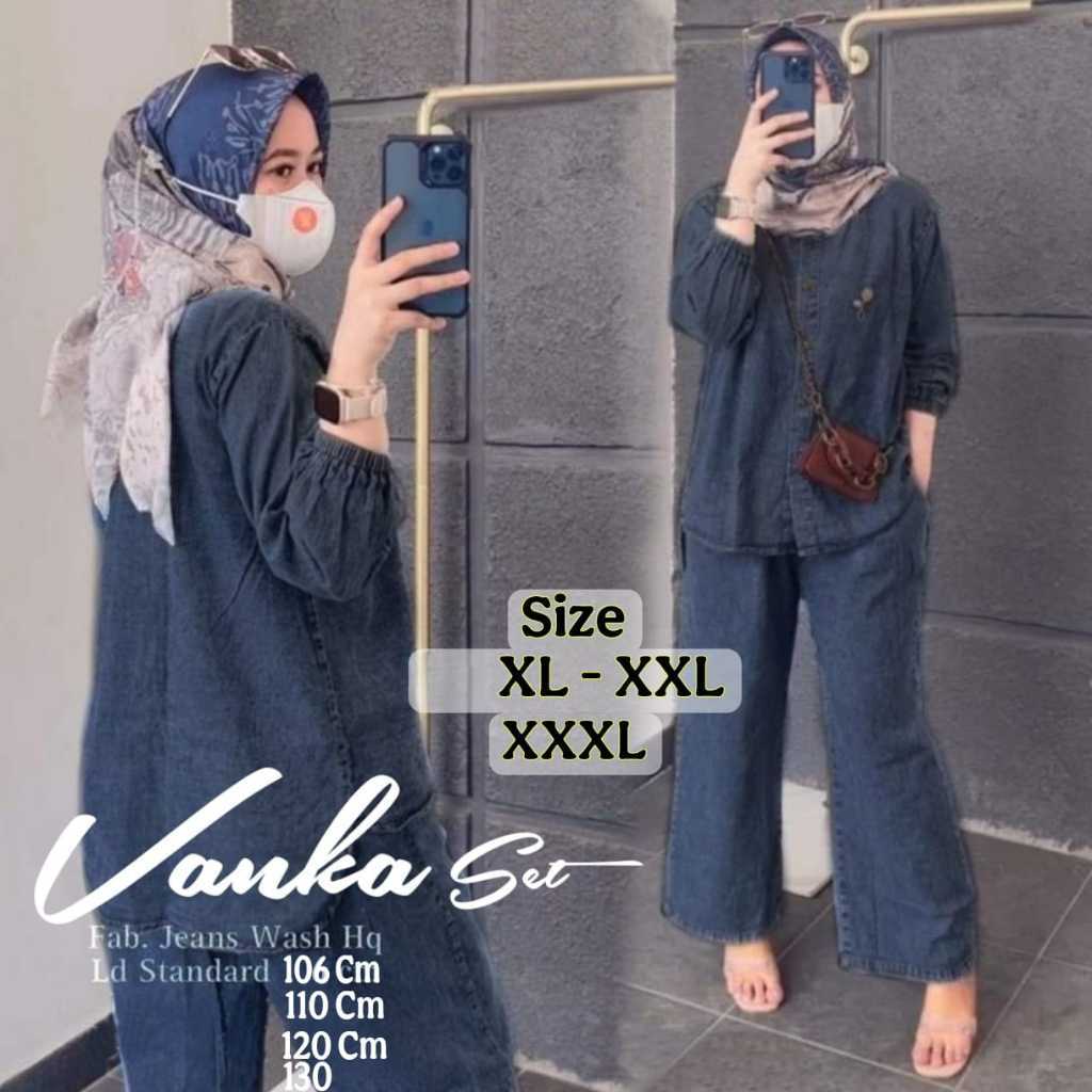 Vanka Setelan Jeans One Set Wanita Jumbo Ld 110 120 130 Terbaru Setcel Polos