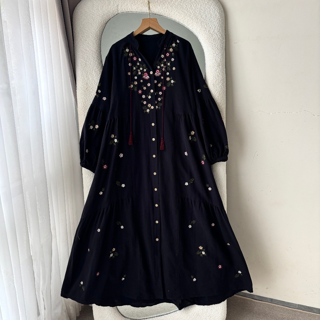 TIARA Gamis Tali Linen Bordir  - Gamis Umpak Lengan Balon