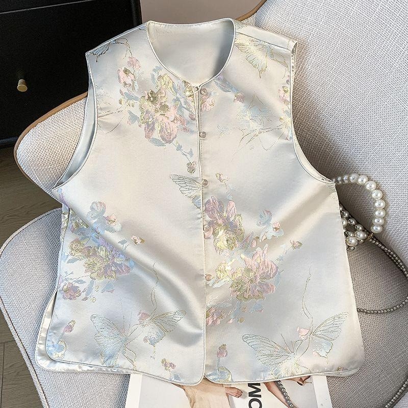 Rompi wanita tanpa lengan, rompi bahu, jaket kerah bundar Song Jin, mantel