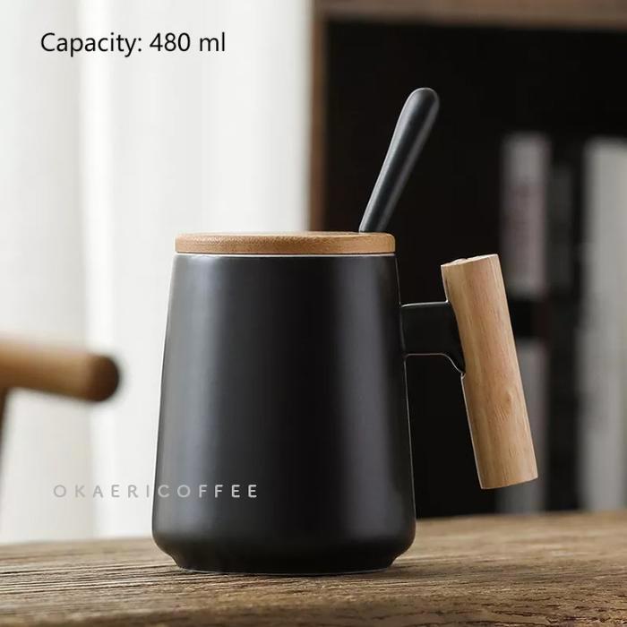 Ceramic Mug + Wood Lid 480ml / Gelas Kopi Keramik Tutup Kayu + Sendok - Hitam