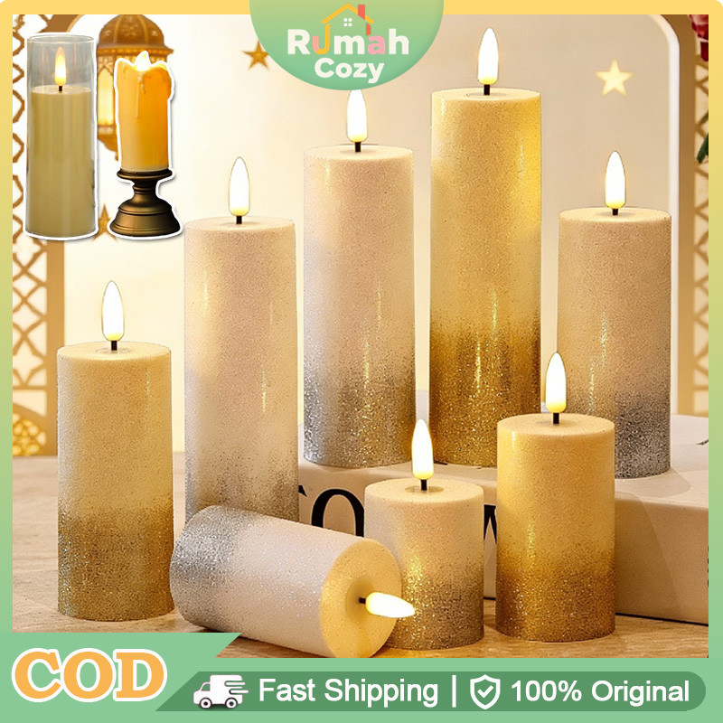 Lilin LED Glitter Romantis Pink Dan Gold Lilin Elektrik Smoke Free Lampu Lilin Estetik 3D Lampu Deko