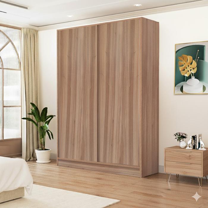 Lemari Pakaian Kayu 2 Pintu Sliding / Geser Modern Minimalis - Hampton - Brown Teak