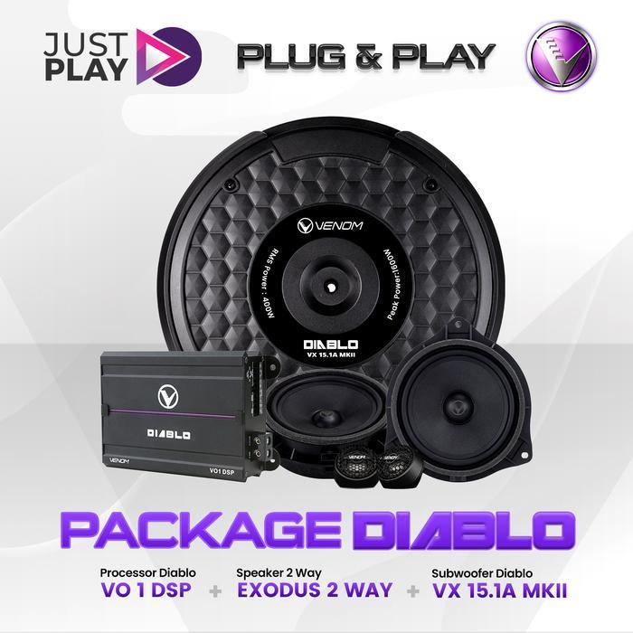 Paket Audio Mobil 2 Way Venom Diablo Just Play – VO1 DSP + Speaker 2 Way + VX 15.1 MKII Subwoofer Ak