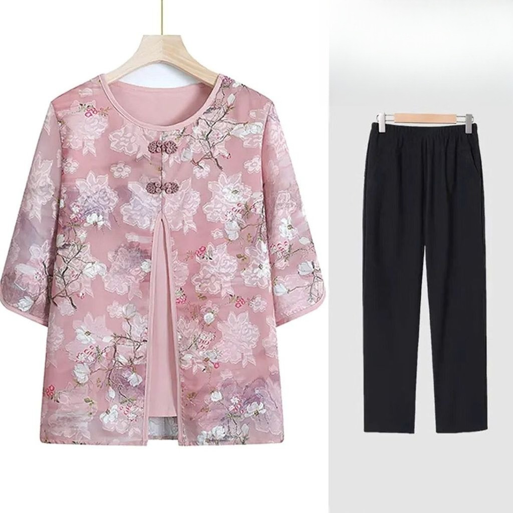 Baju Wanita Lansia Kemeja Lengan 3/4 Bordir Busana Palsu Dua Lapis