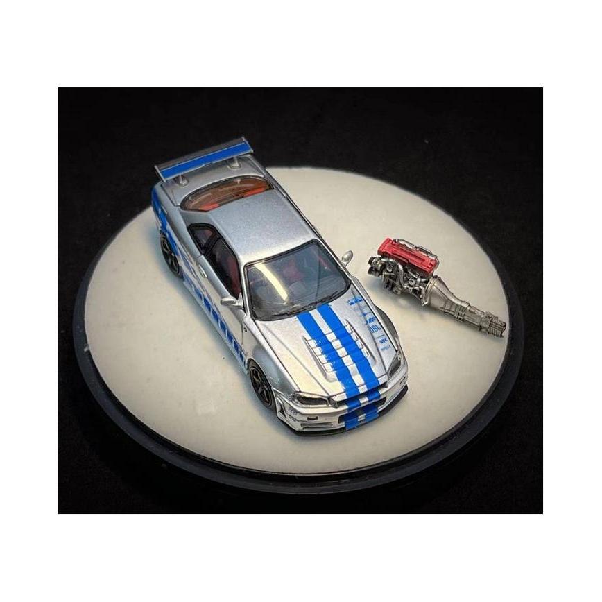 PGM NISSAN SKYLINE R34 Z-TUNE SILVER BLUE STRIPE DIECAST SKALA 64