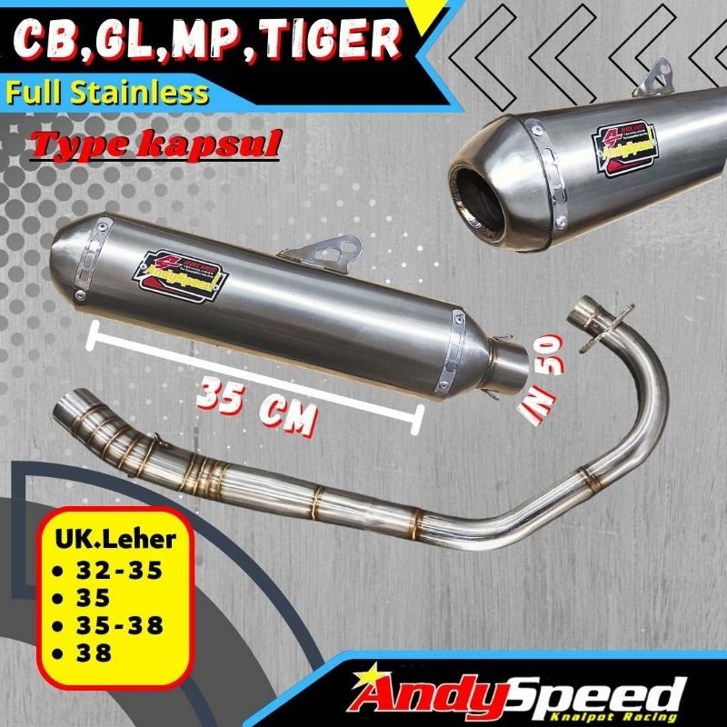 KNALPOT MEGAPRO GL CB TIGER MEGAPRO MONO VERZA FULL STAINLESS dengan SILINCER KAPSUL merk andy speed