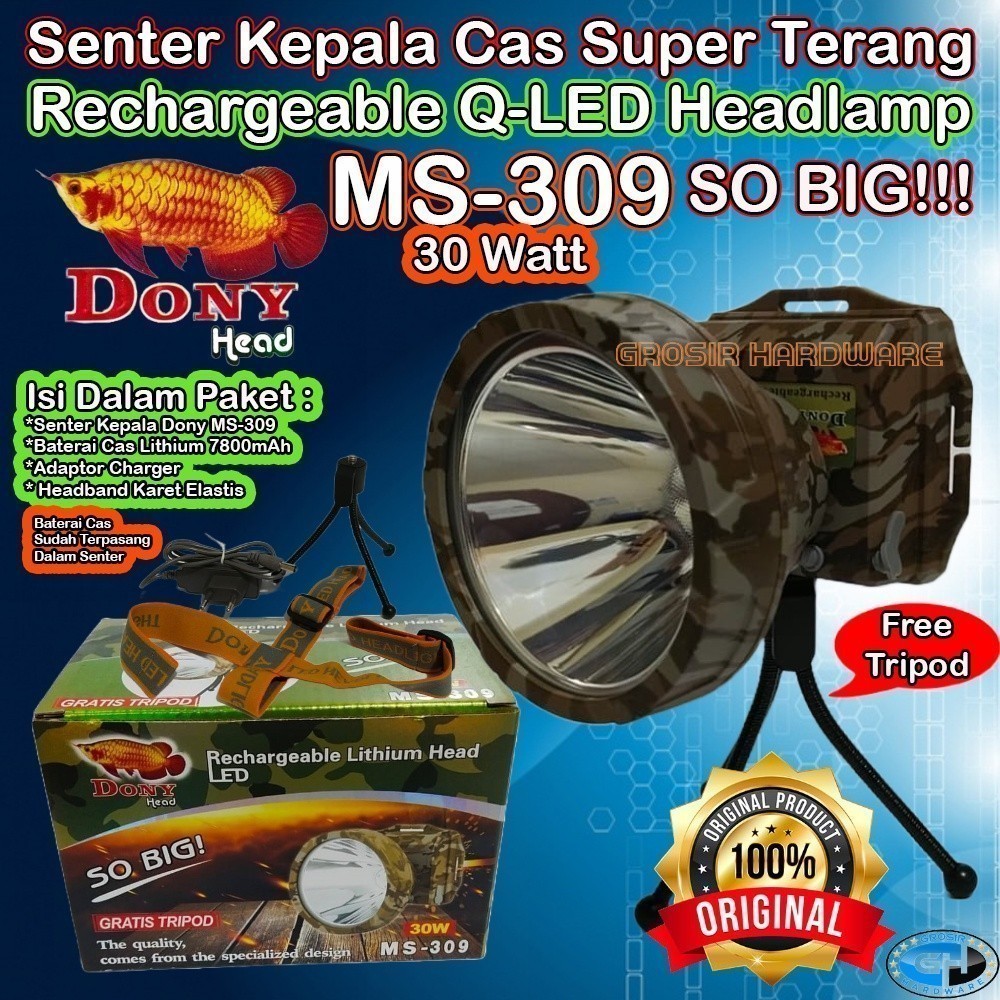 SENTER KEPALA DONY MS 309 ORIGINAL Q-LED SUPER TERANG RECHARGEABLE HEADLAMP TORCH