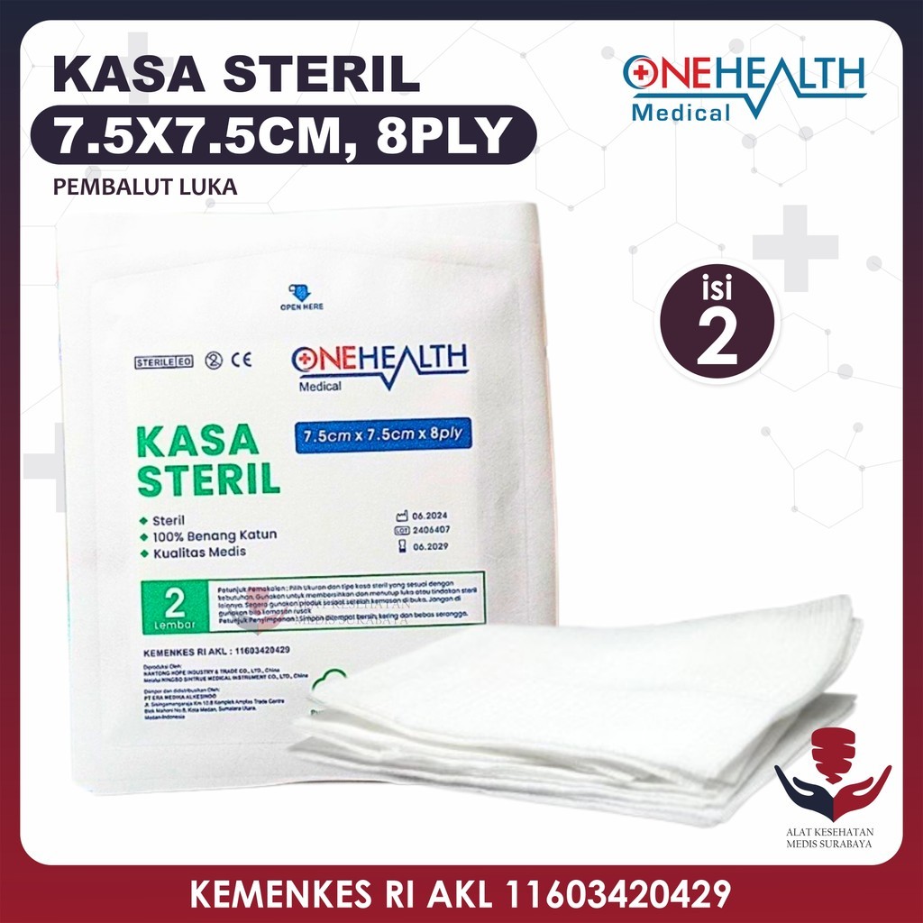 OneHealth Kasa Sterile 7.5x7.5 cm 8 Ply isi 2 Penutup Luka Peralatan Pembersih Perban Lipat Dalam P3