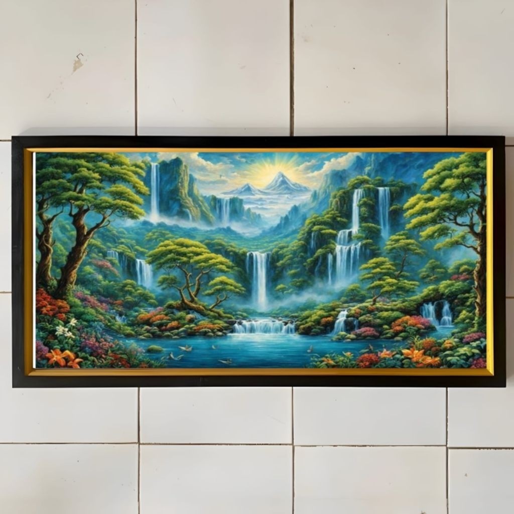 Hiasan dinding lukisan Cetak gambar pemandangan air terjun plus bingkai ukuran 100cmX50cm