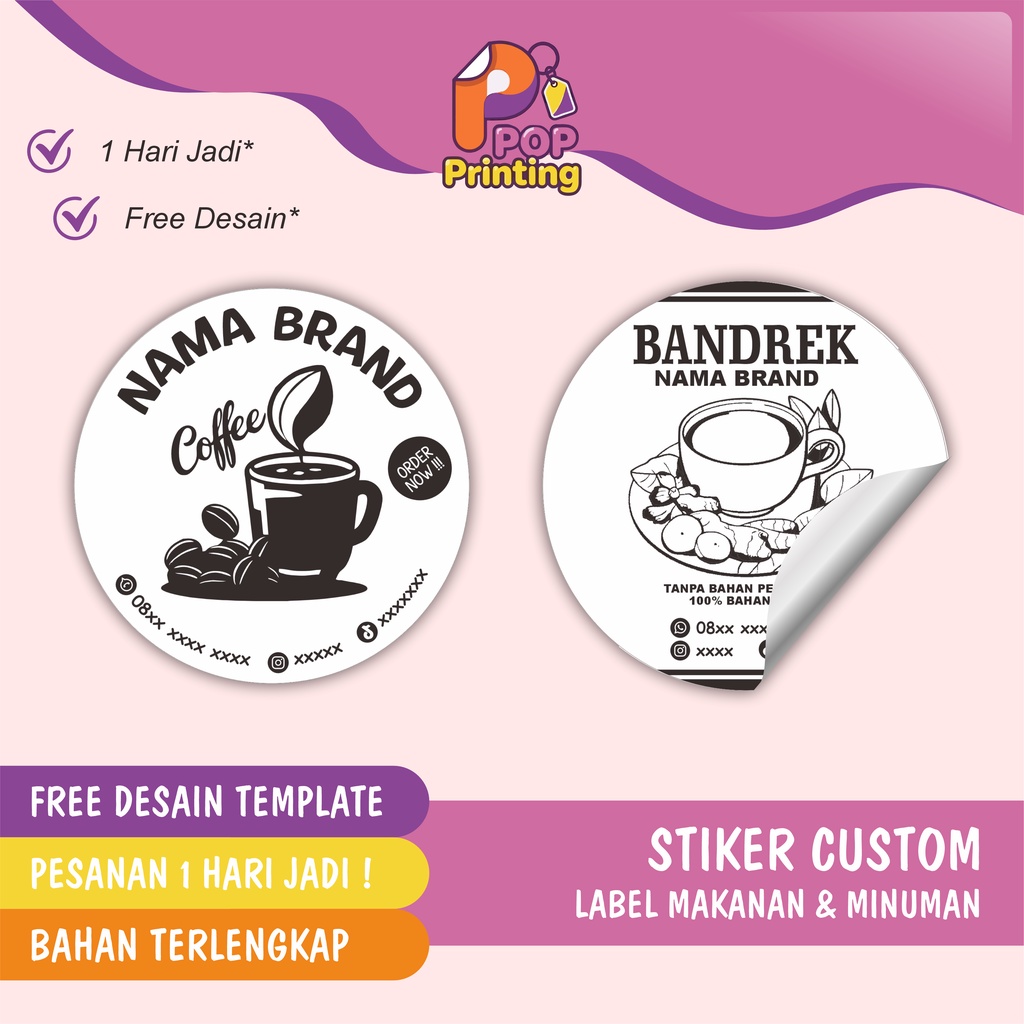 Pop_Printing Stiker Label Custom Minuman Kemasan Free Design Bulat Vynil Transparan Produk Minuman S