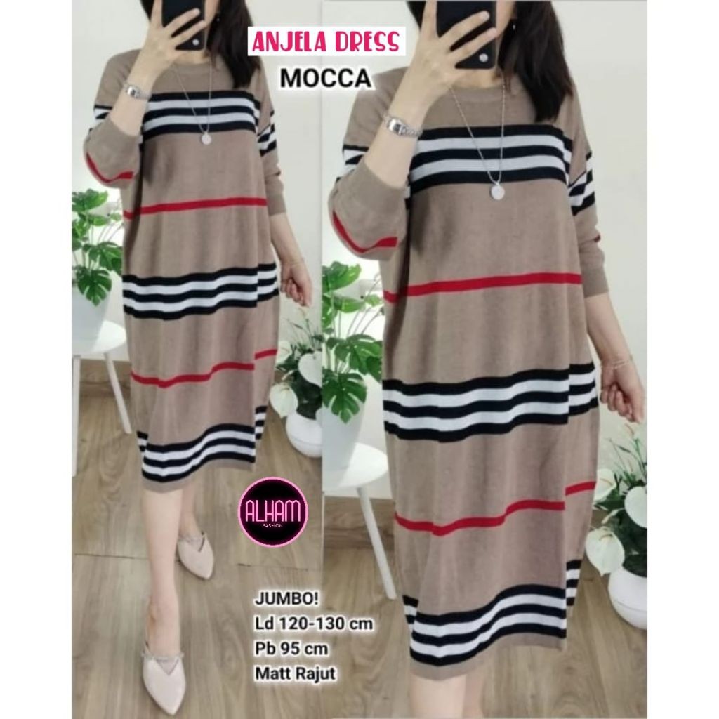Anjela Long Tunik Rajut Import Jumbo Oversize Motif Garis Tebal