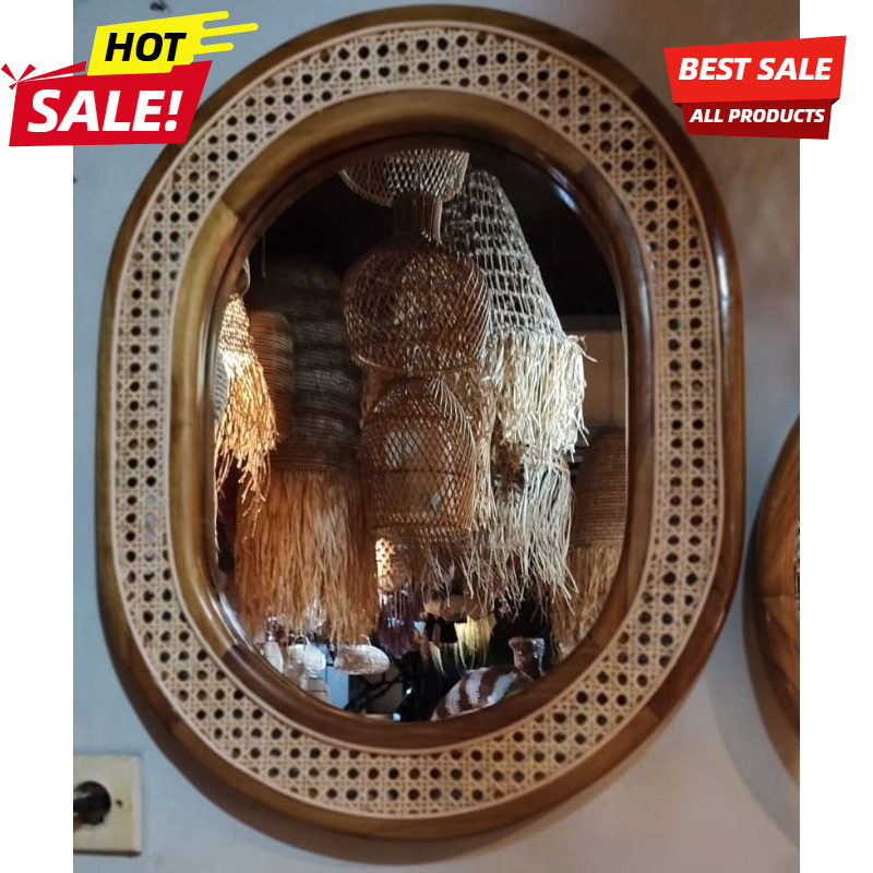 Mirror Gantung Estetik Kayu Jati Kombinasi Rotan | Cermin Dinding Natural Frame Jati Solid Jepara