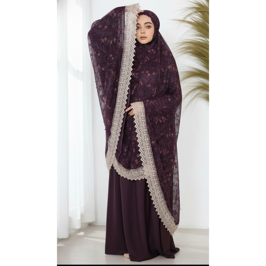 Mukena Dewasa Sutra Velvet Brokat Gliter Mewah Renda Ziper