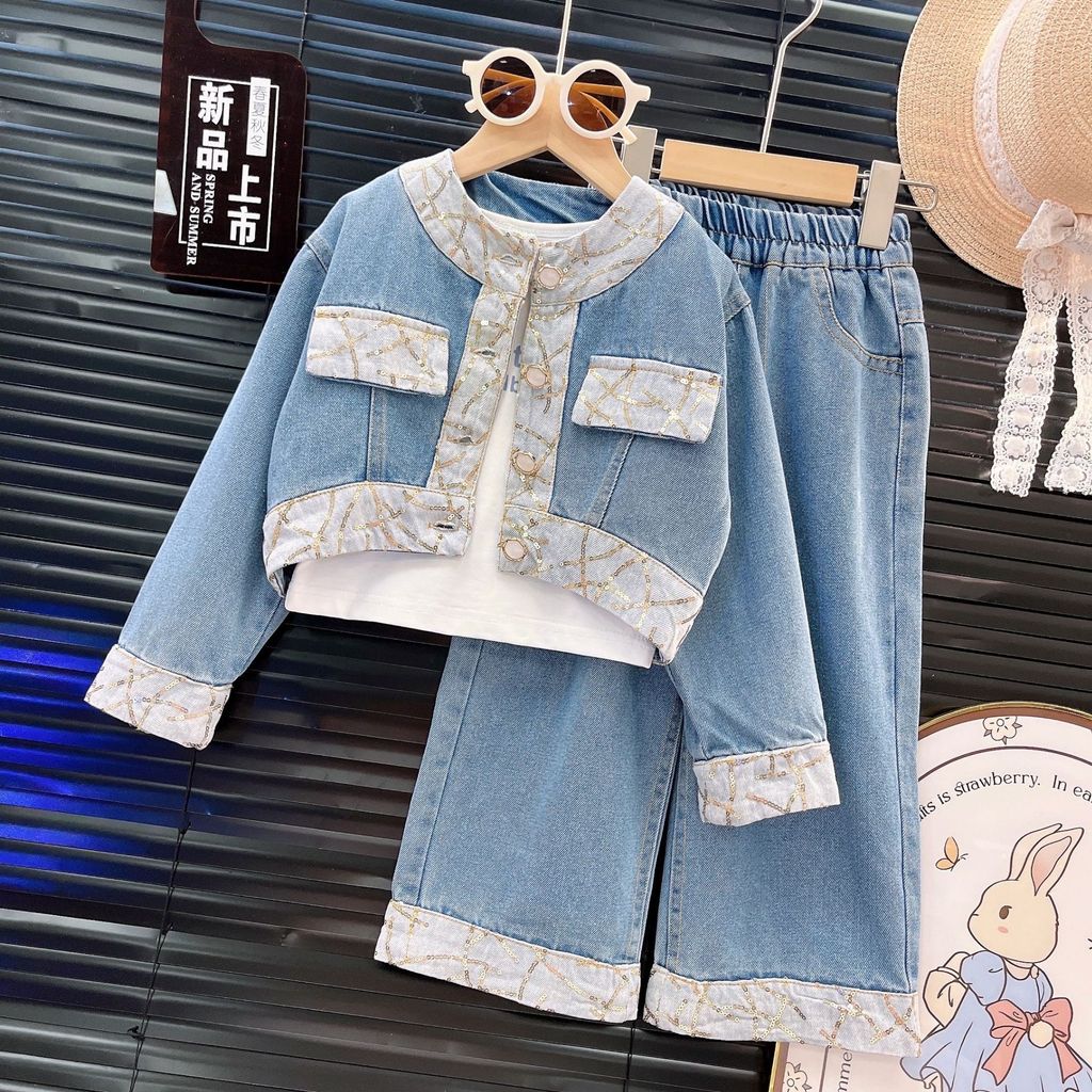 Cocobaby One Set Cardigan Jeans + Celana Kulot Jeans Setelan Anak Perempuan Bahan Jeans Model Terbar