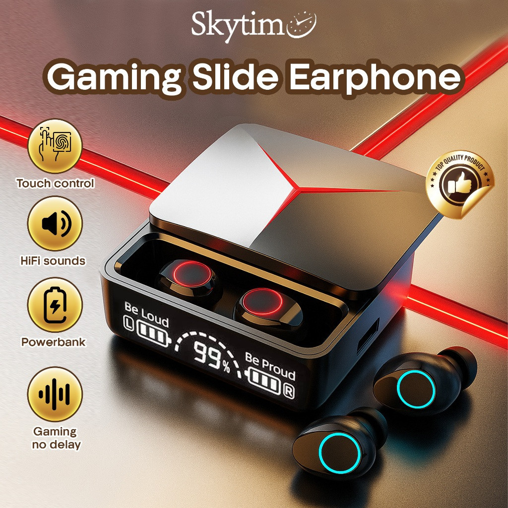 Gaming Slide Earphone Bluetooth Powerbank TWS M90pro No Delay LED Battery Indicator