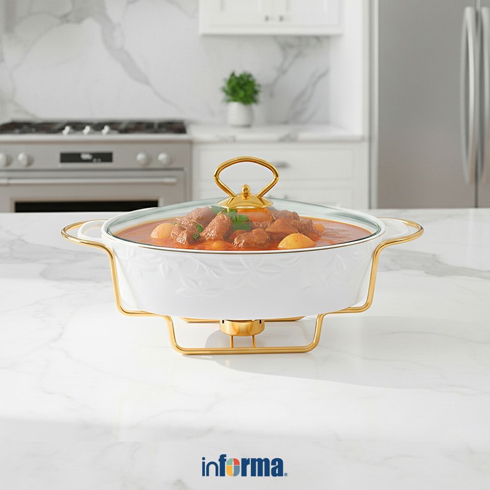 Informa Appetite 28 cm Lily Wadah Saji Casserole Porcelain Oval Dengan Tutup & Rak - Putih