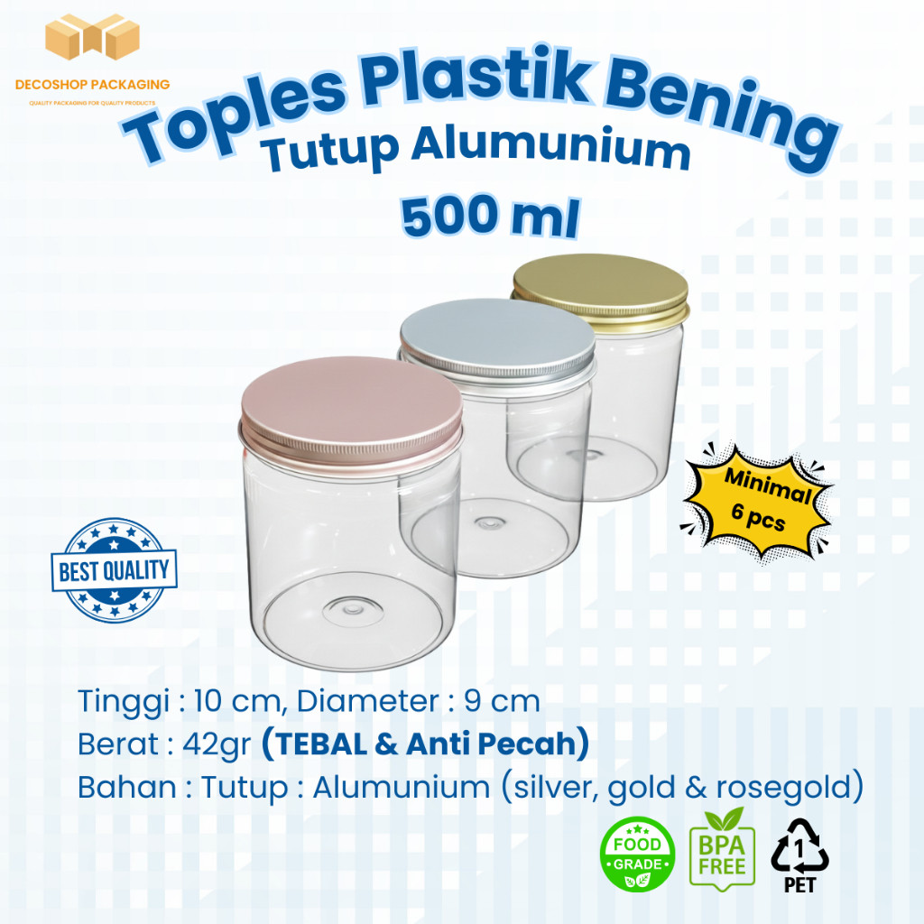 Terbaru Toples 500ml Tutup alumunium PET Tebal Bening Tabung Plastik / Toples Kue Snack Nastar Clear