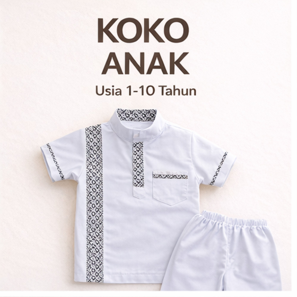 Baju Koko Anak Putih Kombinasi Batik – Koko Muslim Anak Laki 2-10 Tahun