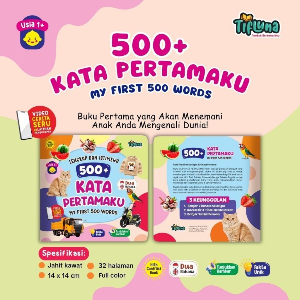 Tifluna - 500+ Kata Pertamaku , Buku Bayi Anak Umur 1 2 3 Tahun Full Color