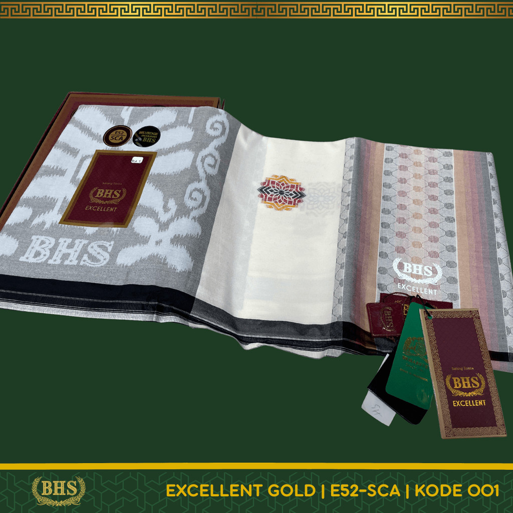 [White series] Sarung BHS Excellent Gold Motif E52 SPC Warna Putih Bahan Mercerized Cotton Kain Saru