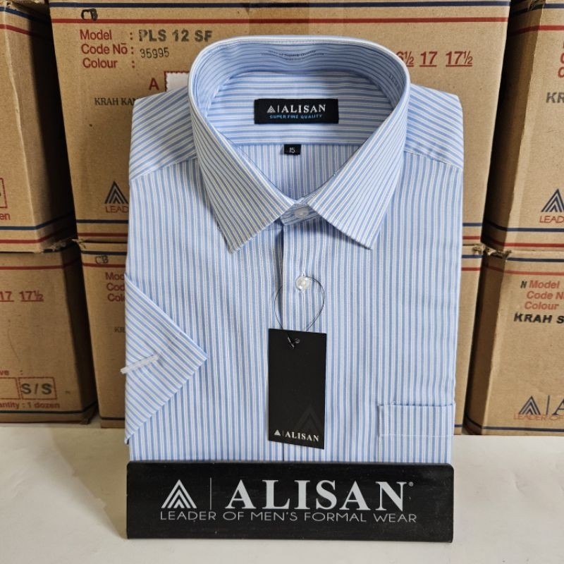 PREMIUM - Kemeja Alisan Pendek Salur Garis Biru Cream- pakaian pria lainnya