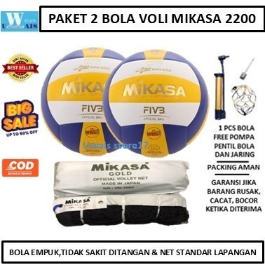 Paket Latihan Bola Volly Mikasa 2200 dan Net Volley Mikasa Gold 2 Bola Voli MV2200 Super Gold Offici