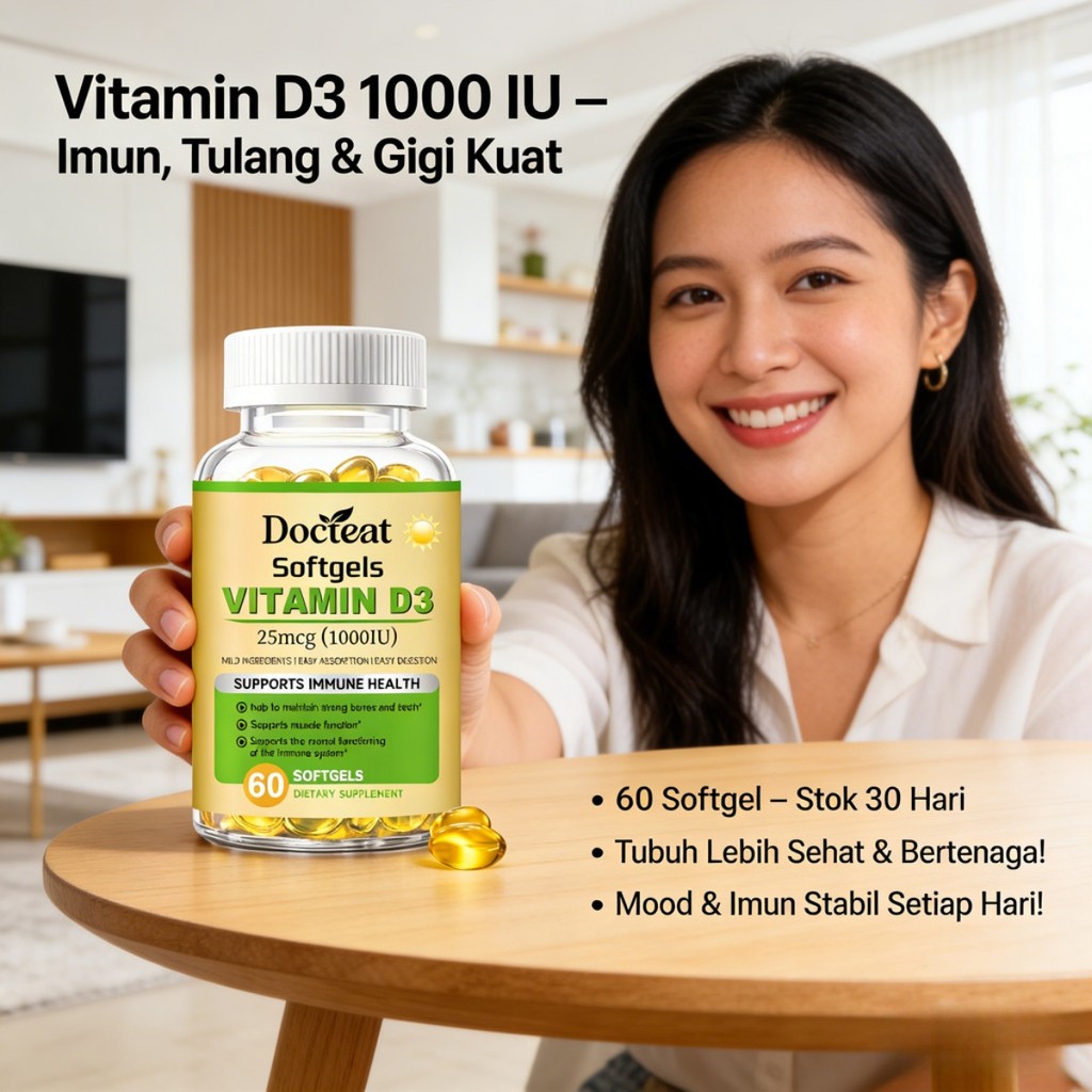 Docteat Vitamin D3 Softgels 25mcg (1000 IU) – Dukung Imun, Tulang Kuat & Fungsi Otot 60 Softgel