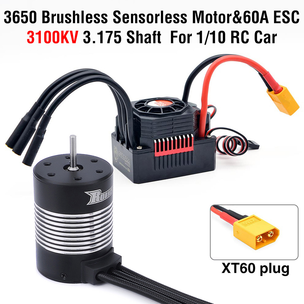Rocket 3650 Waterproof Brushless Sensorless Motor 3100KV with 60A Brushless ESC Combo Set for 1/10 T