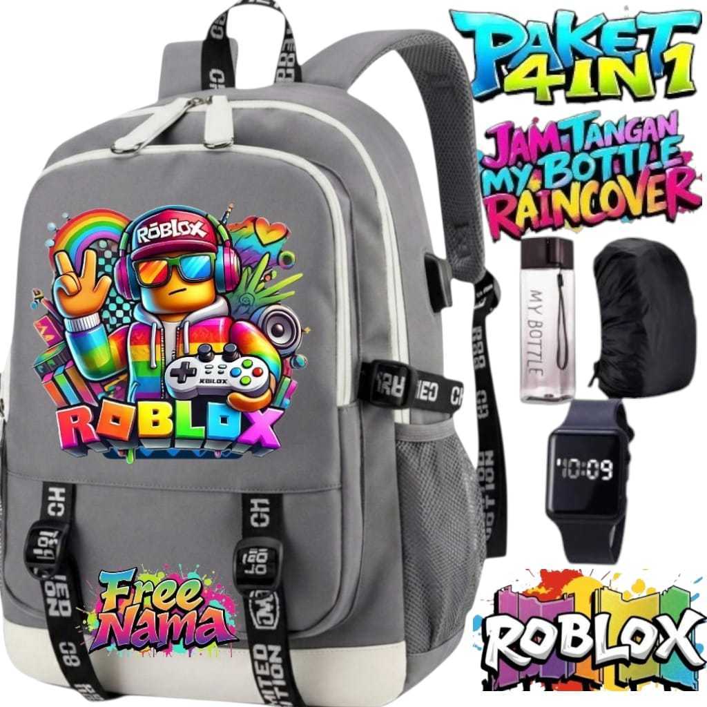 HIJAZ BAG - Tas Roblox Sekolah Anak Paket 4in1 GRATIS NAMA - Tas Punggung Anak Laki Laki SD Karakter