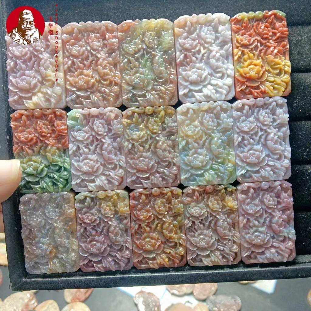 Batu akik giok warna, permata bunga peony jasper laut, liontin aksesori DIY