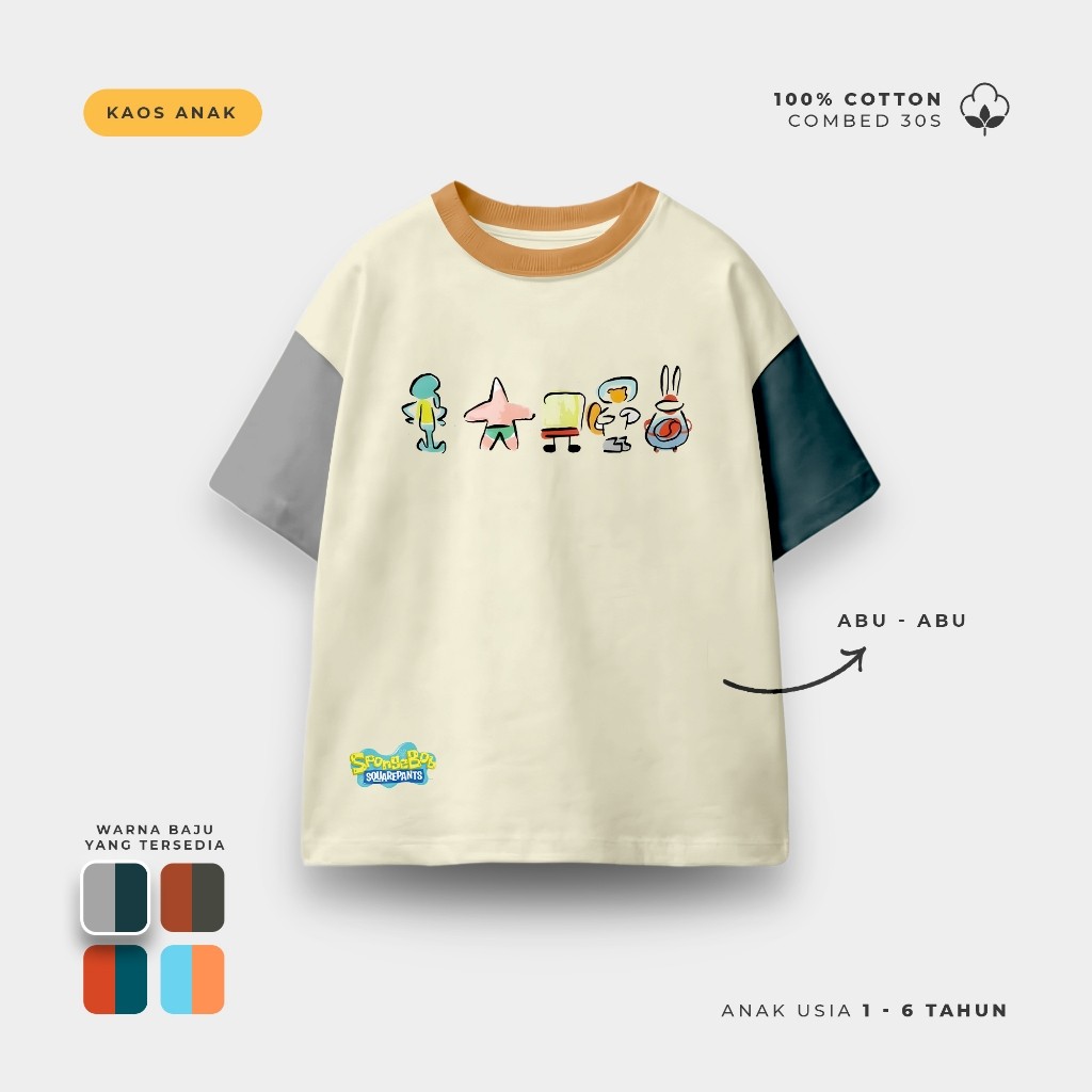 Kaos Anak Lengan Pendek Baju Anak Ula Kids Kaos 3 Tone Spongebob Character Usia 1 - 6 Tahun Hoodie J
