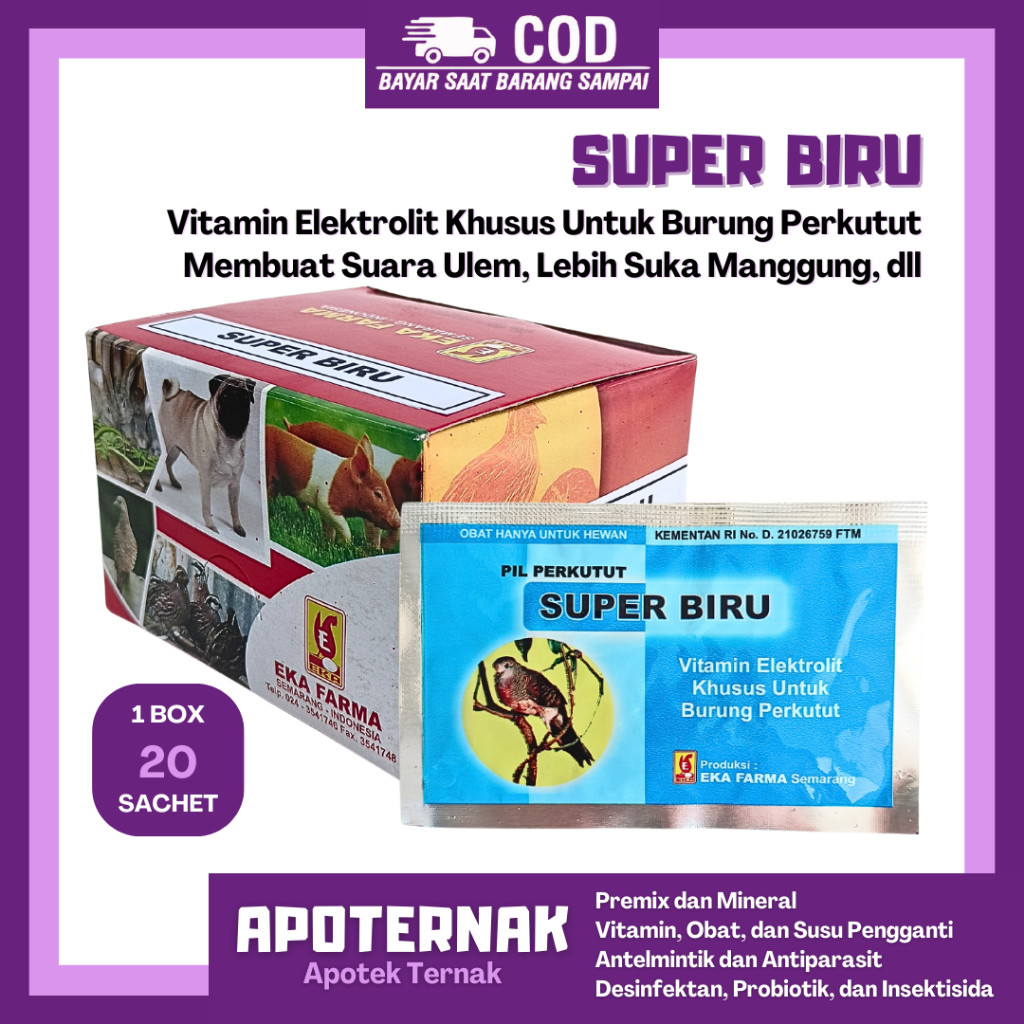 SUPER BIRU 12 BUTIR 20 SACHET - Pil Jamu Burung Perkutut - Vitamin Elektrolit Khusus Burung Perkutut