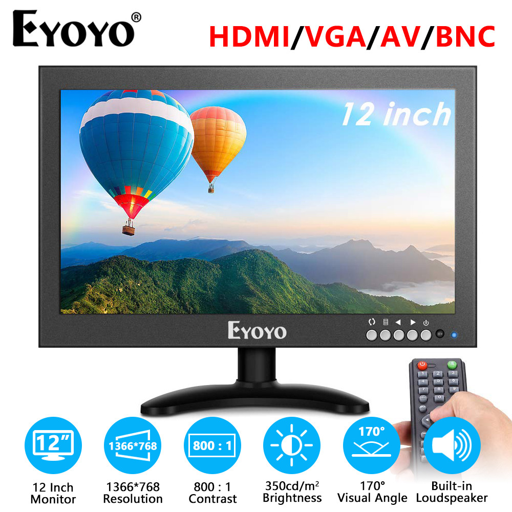 Eyoyo Small CCTV Monitor 1366x768 IPS Metal Housing 8/12 In LED Screen With Wall Bracket&Remote Cont