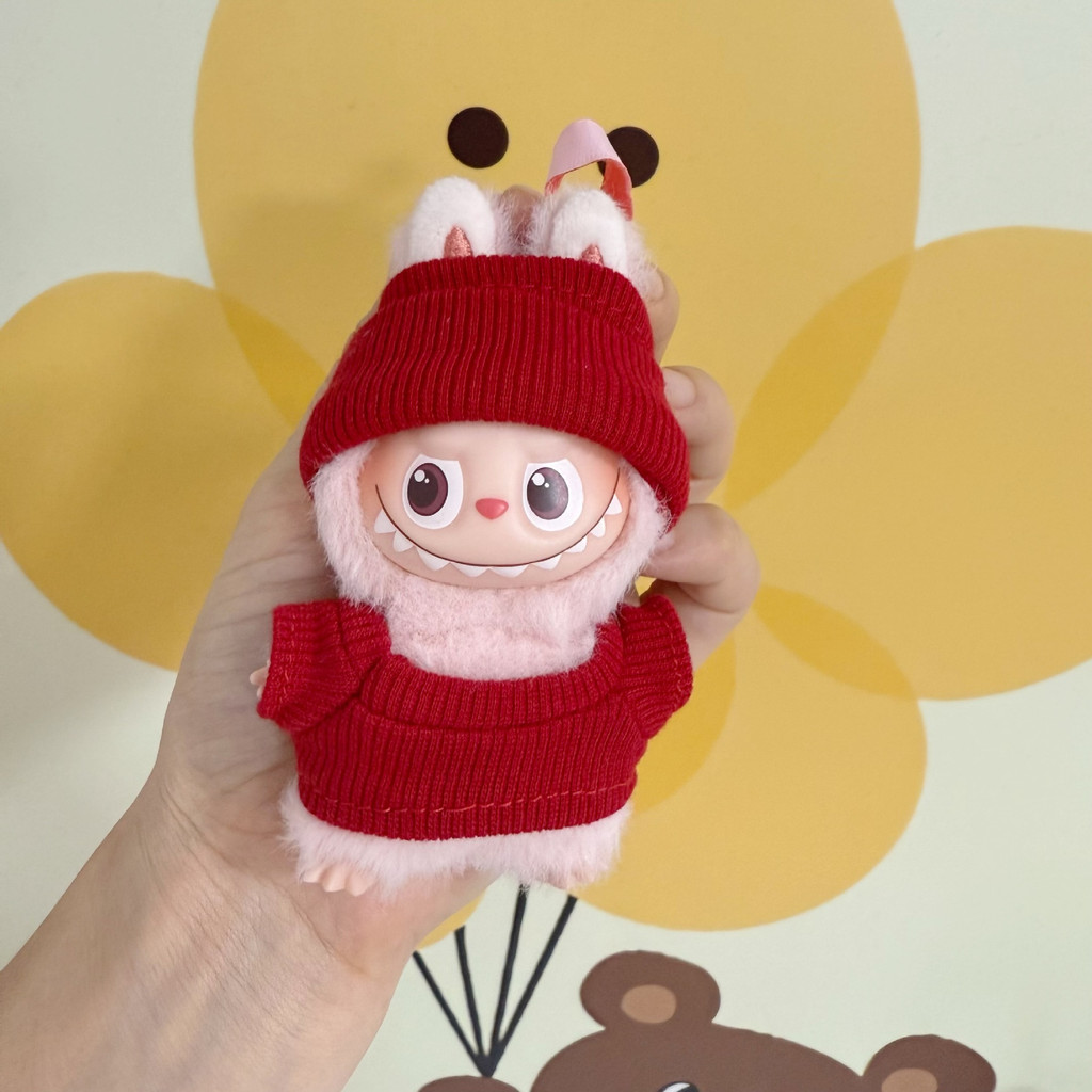Mini Labubu Clothes Knit Flap Hat and T-Shirt Set For 10.4cm Labubu V4 The Monsters Pin for Love Ser