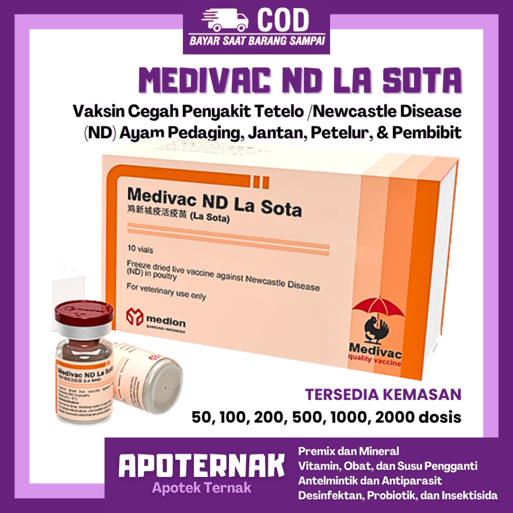 VAKSIN MEDIVAC ND LASOTA DOSIS LENGKAP + PELARUT - Vaksin Ayam Tetes Mata Nd Lassota Tetelo