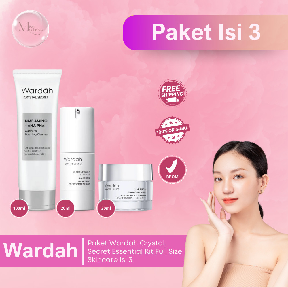 [3 PCS] Paket Wardah Crystal Secret Essential Kit Full Size – Skincare Lengkap untuk Kulit Cerah & G
