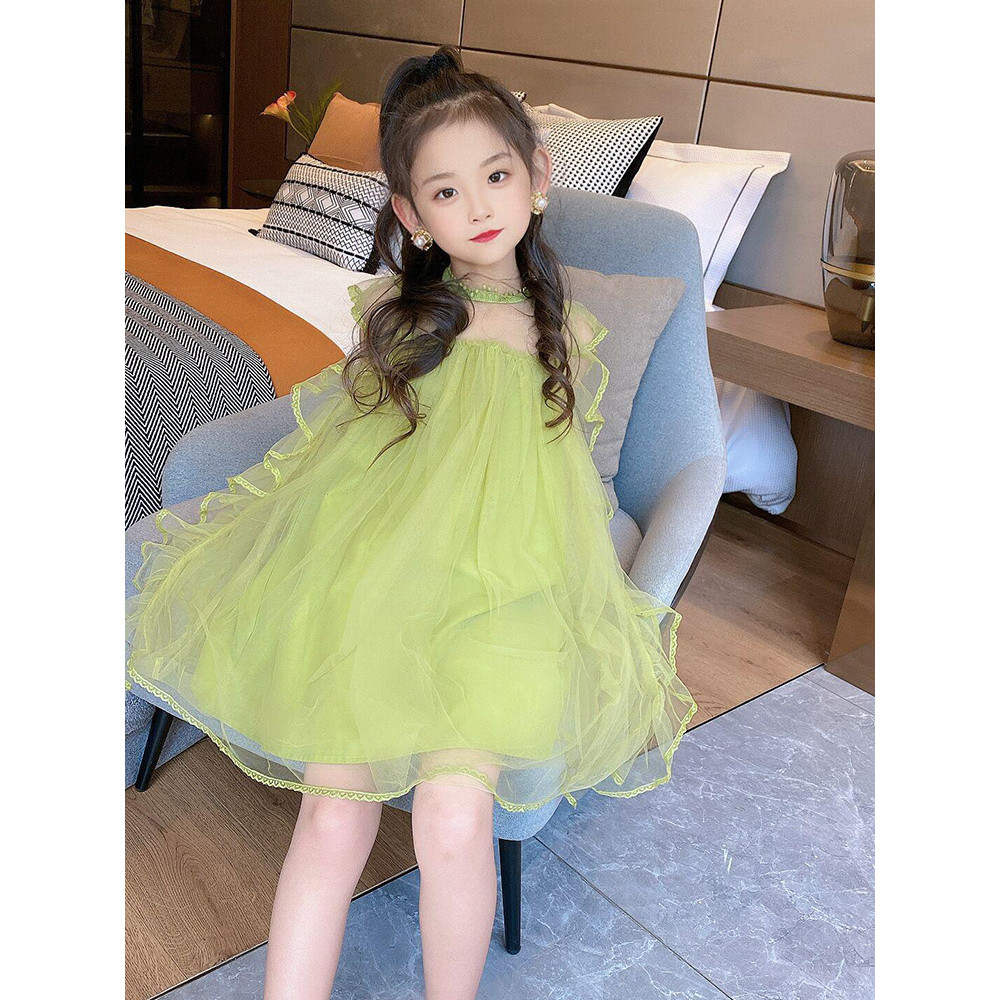 Mentari Kecil Gaun Putri Bergaya untuk Anak Perempuan, Gaun Renda Trendi, Gaun Jala Gaya Korea