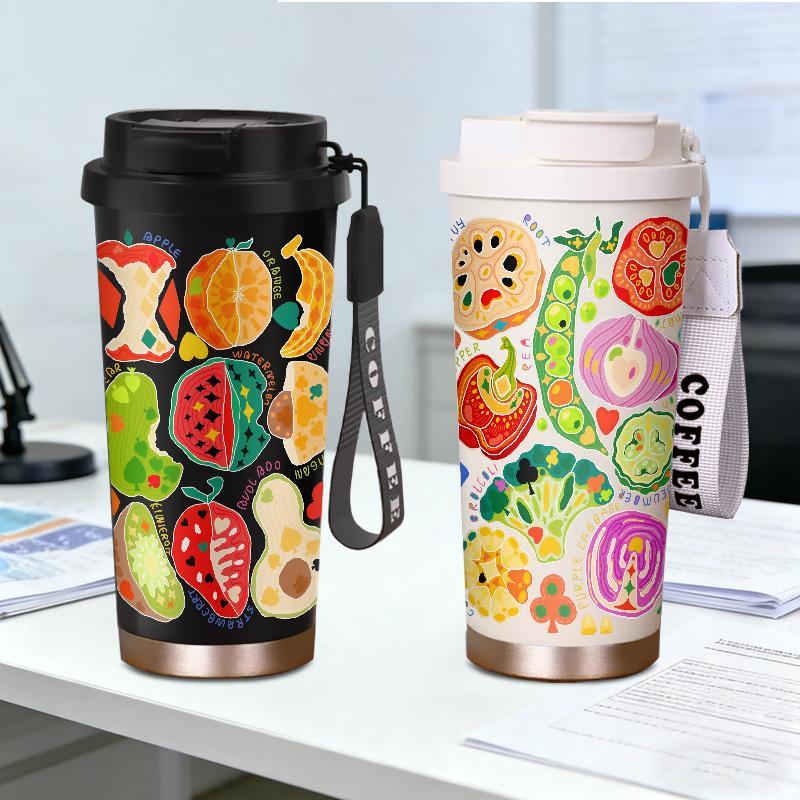 Tumbler Buah Sayuran Botol Minum Aesthetic Stainless Steel CUP 500 ML Termos Teh Kopi Gelas Vacum Ta