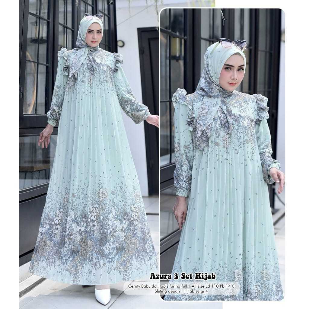 Azura 3 set hijab segi4 / Gamis dress plisket / gamis wanita kekinian / terbaru