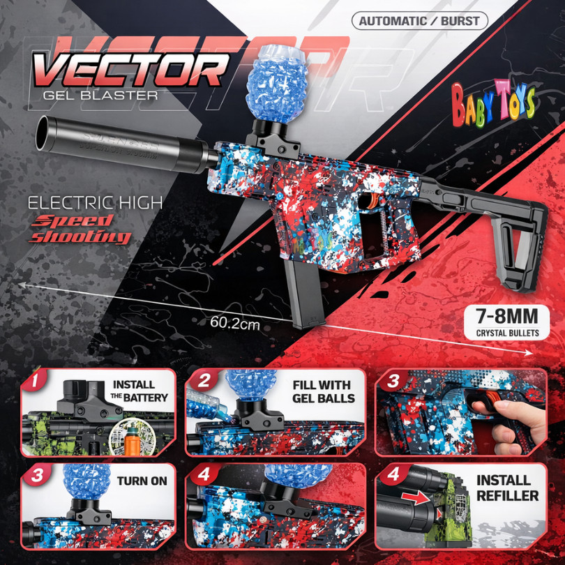 Vector Gel Blaster Electric 7–8mm Automatic Burst Mainan Tembak Anak Water Bullet Gun + Aksesoris