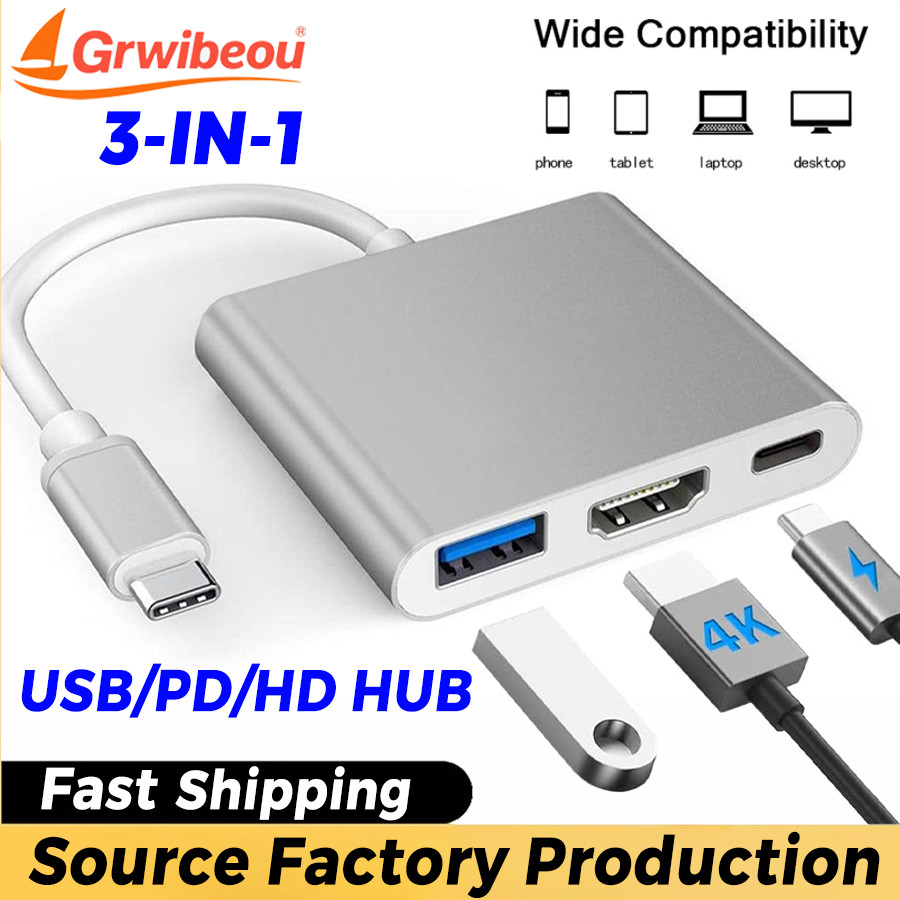 Grwibeou 3in1 Type C TO USB 3.0 Type C PD HDMI Hub for Mac MacBook Air XPS IPad Pro Galaxy S20 Samsu